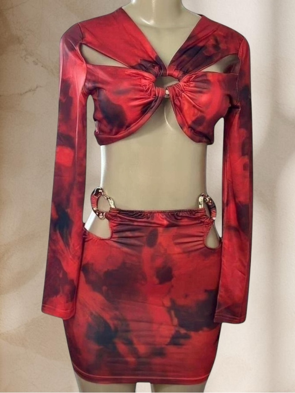 Red Tie-Dye Cutout Two Piece Set – Long Sleeve Crop Top & Mini Skirt w/ Gold Rin